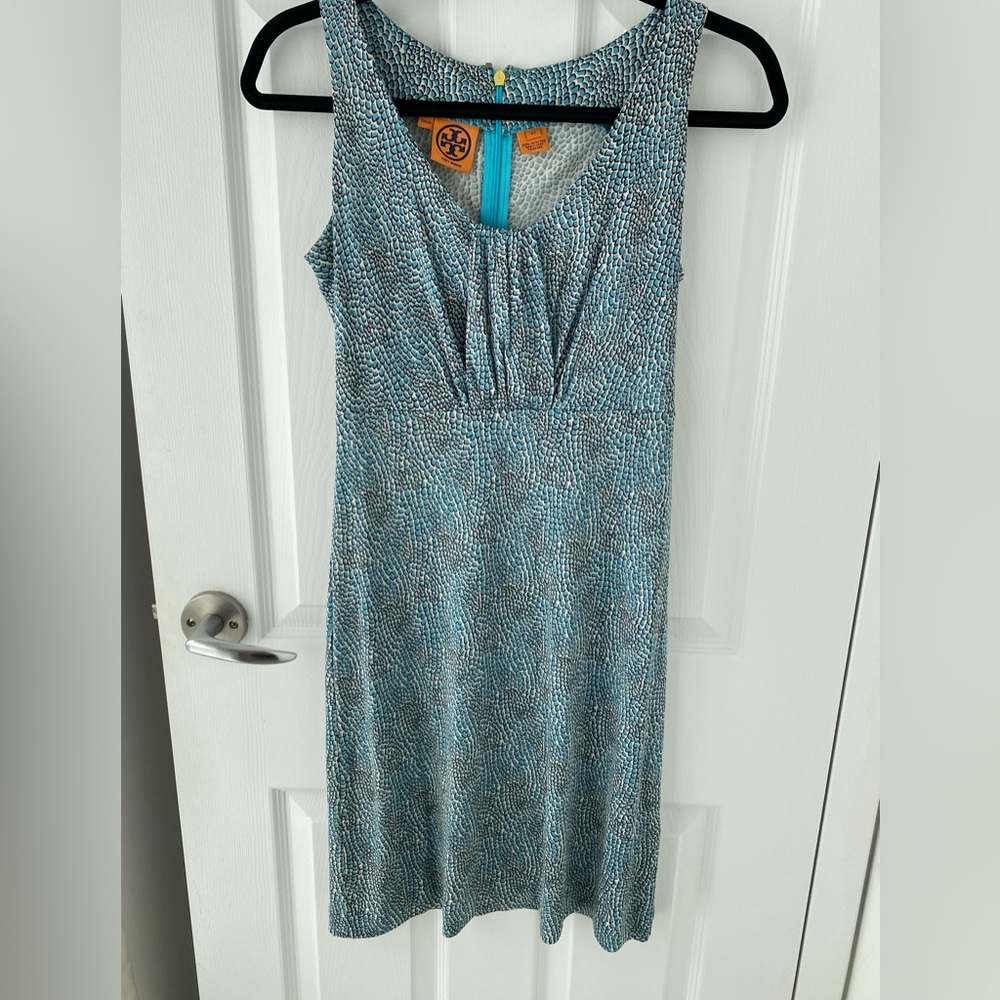 Tory Burch Blue White Print Silk Sleeveless Dress XS Extra Small Old Money